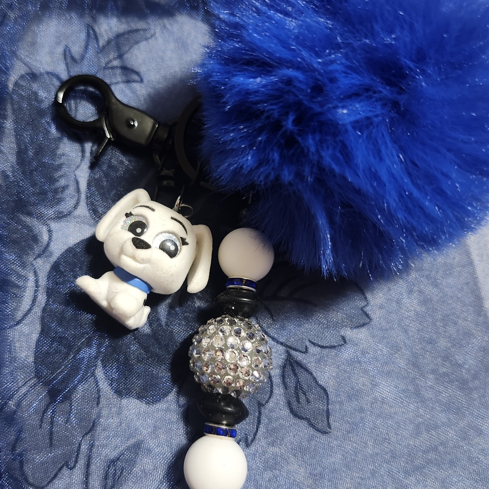 Blue Fluffy Keychain with Cute Dog Charm
